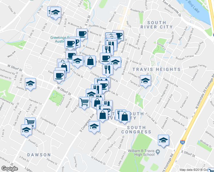 map of restaurants, bars, coffee shops, grocery stores, and more near 2201 College Avenue in Austin
