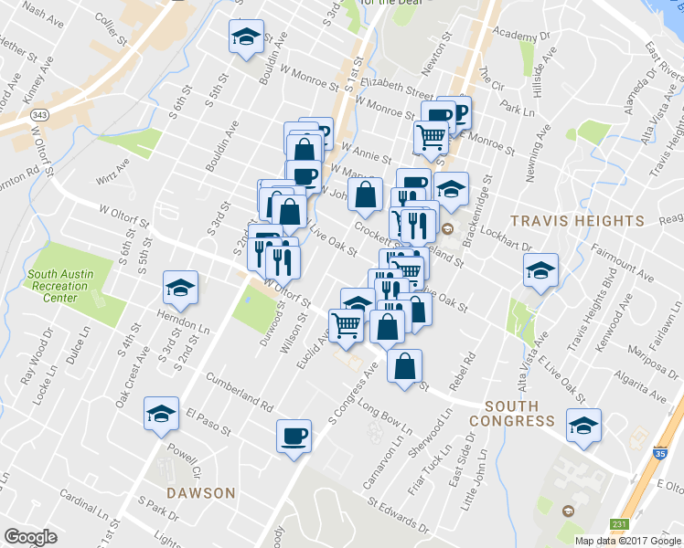 map of restaurants, bars, coffee shops, grocery stores, and more near 2300 Euclid Avenue in Austin