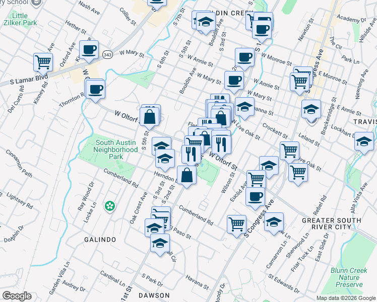 map of restaurants, bars, coffee shops, grocery stores, and more near 2408 South 2nd Street in Austin
