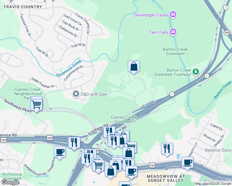 map of restaurants, bars, coffee shops, grocery stores, and more near 3921 Gaines Court in Austin