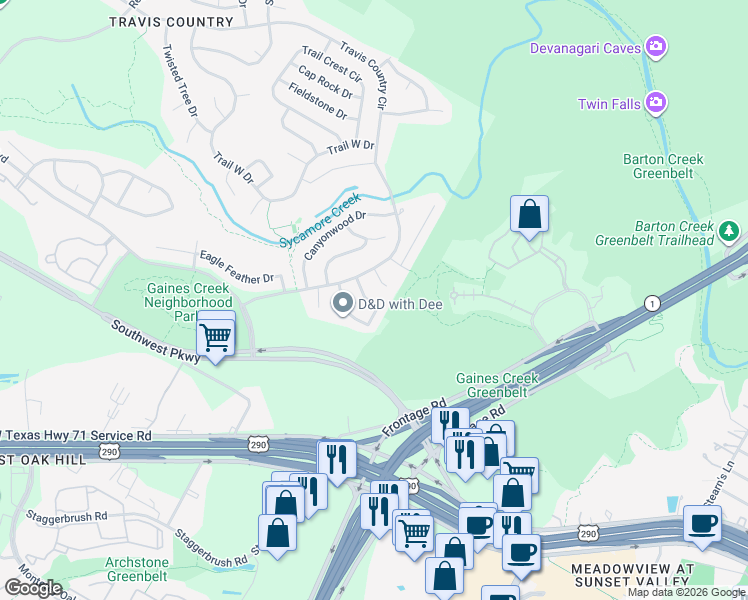 map of restaurants, bars, coffee shops, grocery stores, and more near 4831 Canyonbend Circle in Austin