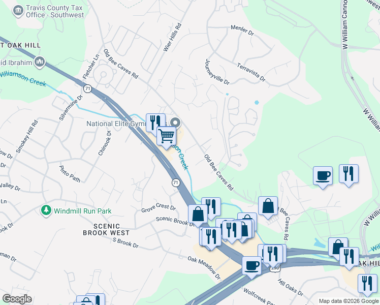 map of restaurants, bars, coffee shops, grocery stores, and more near 7508 Old Bee Caves Road in Austin