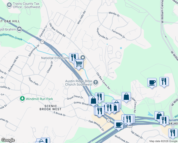 map of restaurants, bars, coffee shops, grocery stores, and more near 7508 Old Bee Caves Road in Austin
