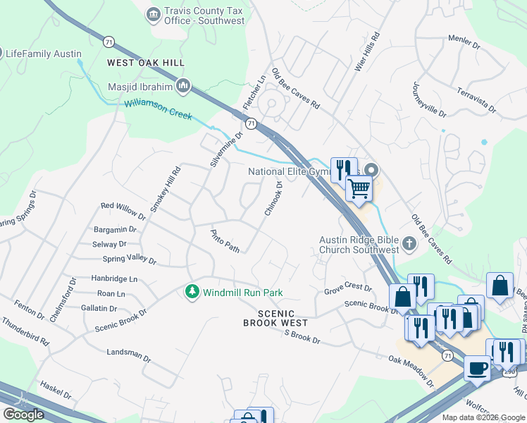 map of restaurants, bars, coffee shops, grocery stores, and more near 6945 Chinook Drive in Austin