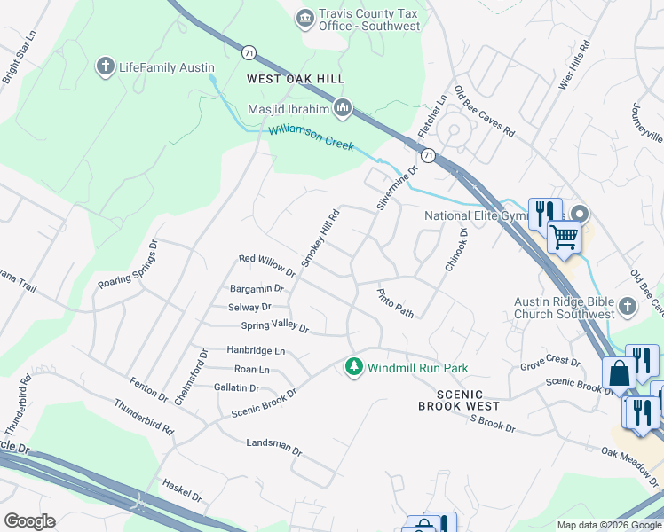 map of restaurants, bars, coffee shops, grocery stores, and more near 8304 Red Willow Drive in Austin