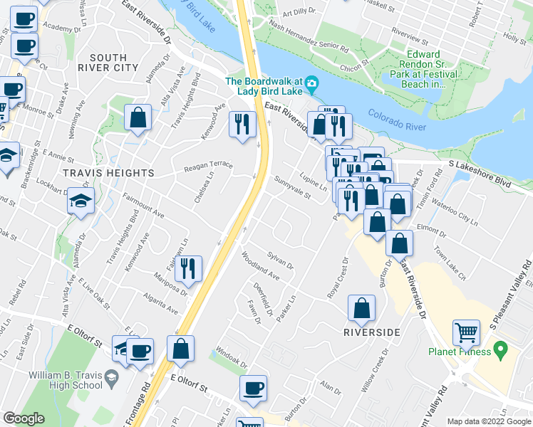 map of restaurants, bars, coffee shops, grocery stores, and more near 1511 Summit Street in Austin