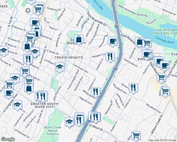 map of restaurants, bars, coffee shops, grocery stores, and more near 1143 Gillespie Place in Austin