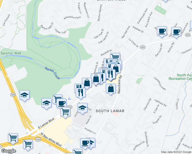 map of restaurants, bars, coffee shops, grocery stores, and more near Westrock Dr & Westland Dr in Austin
