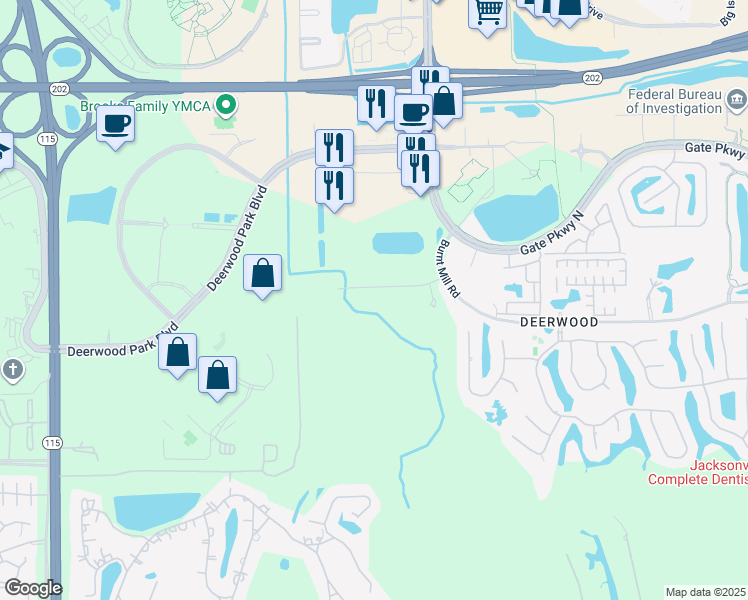 map of restaurants, bars, coffee shops, grocery stores, and more near 10520 Validus Drive in Jacksonville