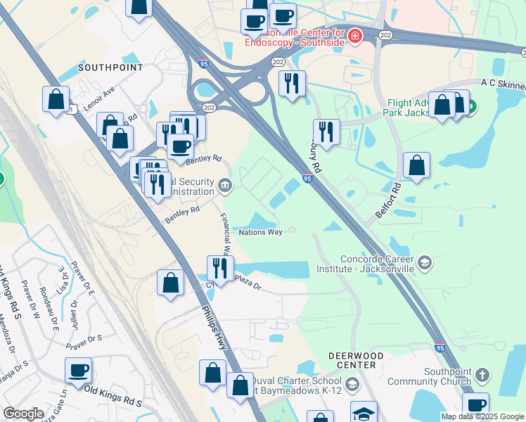 map of restaurants, bars, coffee shops, grocery stores, and more near 8212 White Falls Boulevard in Jacksonville