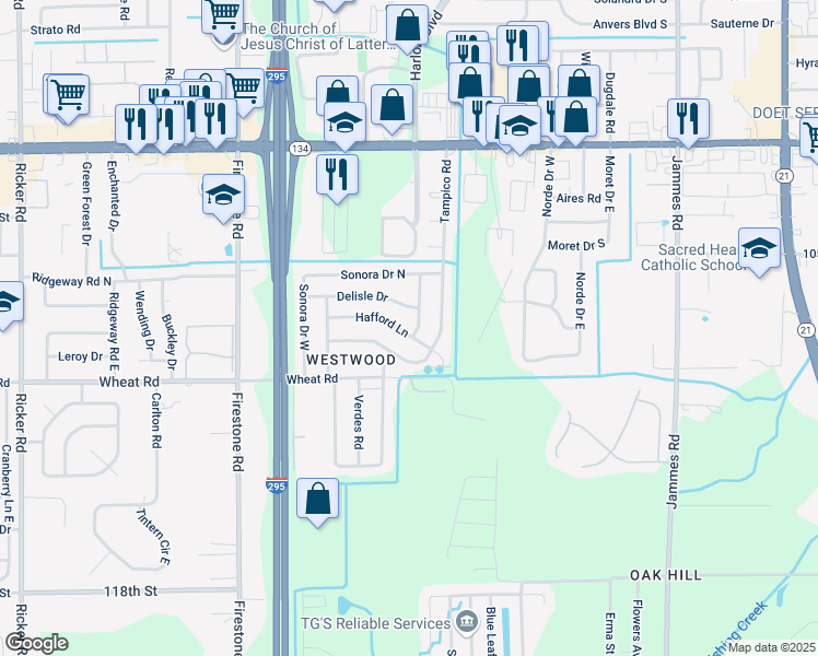 map of restaurants, bars, coffee shops, grocery stores, and more near 6907 Hafford Lane in Jacksonville