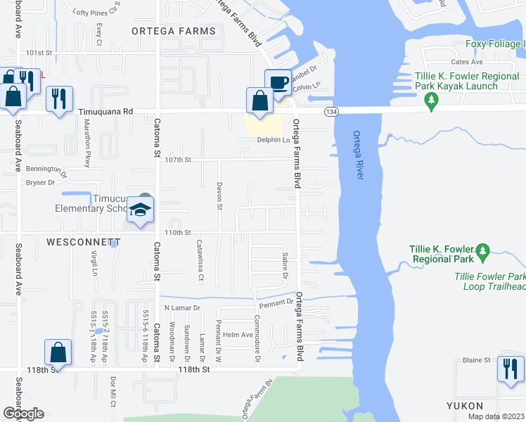 map of restaurants, bars, coffee shops, grocery stores, and more near 5154 Broken Arrow Drive North in Jacksonville