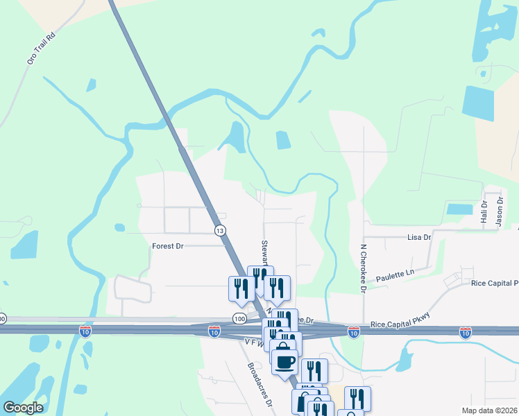 map of restaurants, bars, coffee shops, grocery stores, and more near 313 Stewartville Road in Crowley