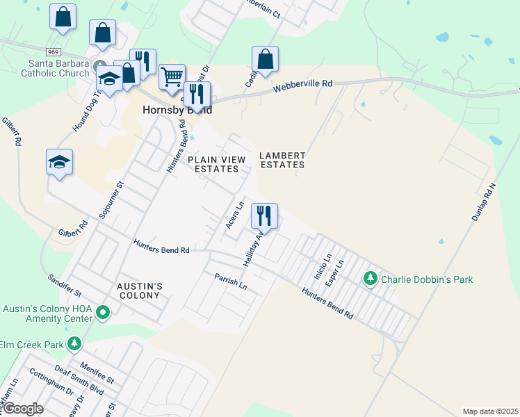 map of restaurants, bars, coffee shops, grocery stores, and more near 4617 Belfield Lane in Austin