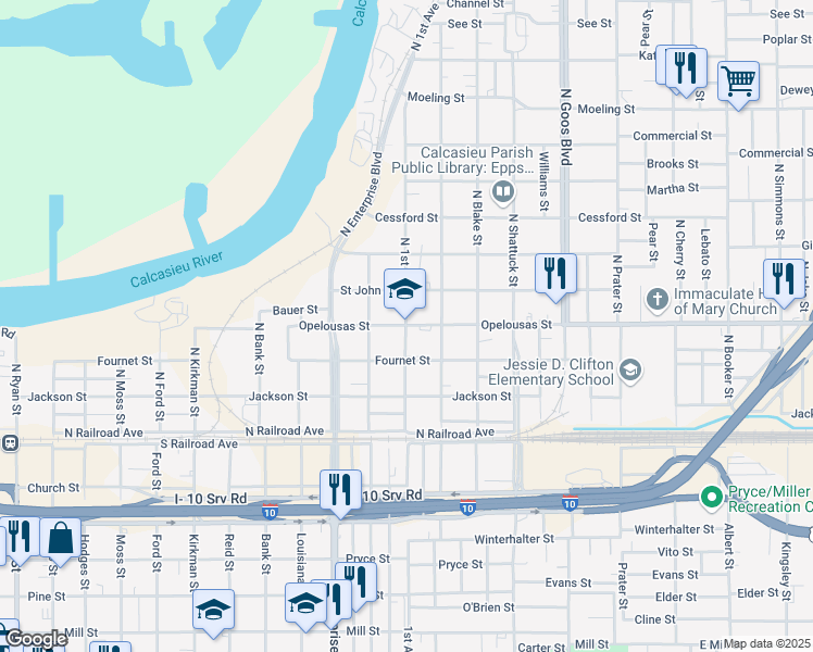 map of restaurants, bars, coffee shops, grocery stores, and more near 1400 Opelousas Street in Lake Charles