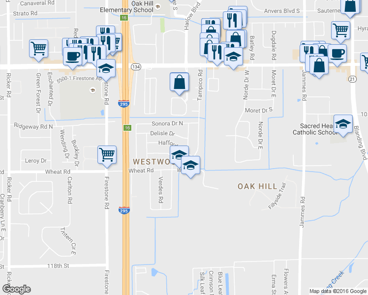 map of restaurants, bars, coffee shops, grocery stores, and more near 6864 Hafford Lane in Jacksonville