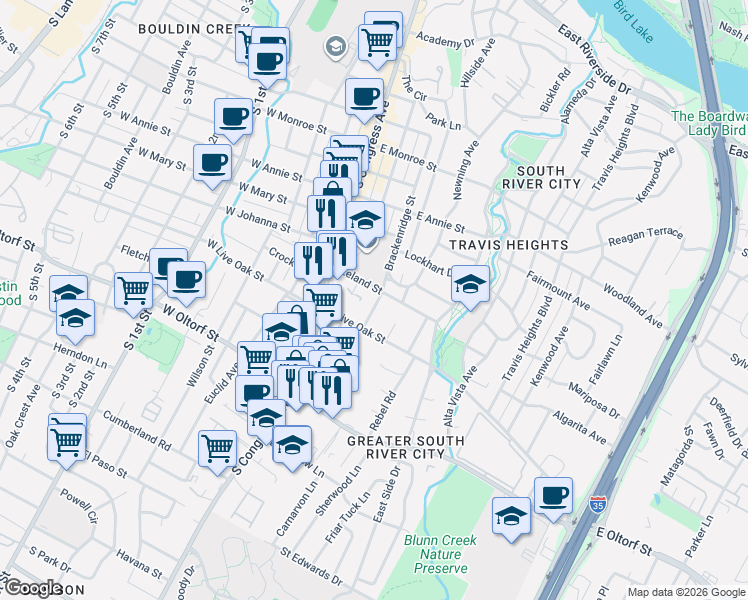 map of restaurants, bars, coffee shops, grocery stores, and more near 2102 Brackenridge Street in Austin