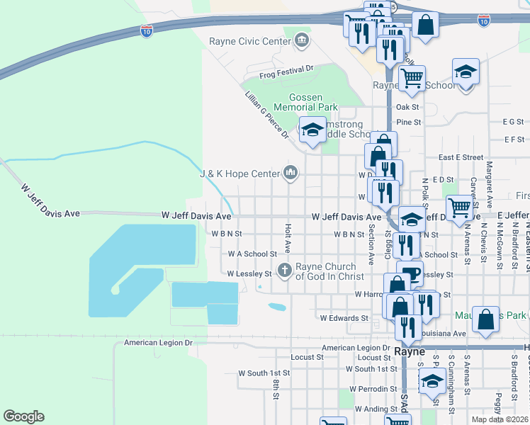 map of restaurants, bars, coffee shops, grocery stores, and more near 603 Bailey Avenue in Rayne