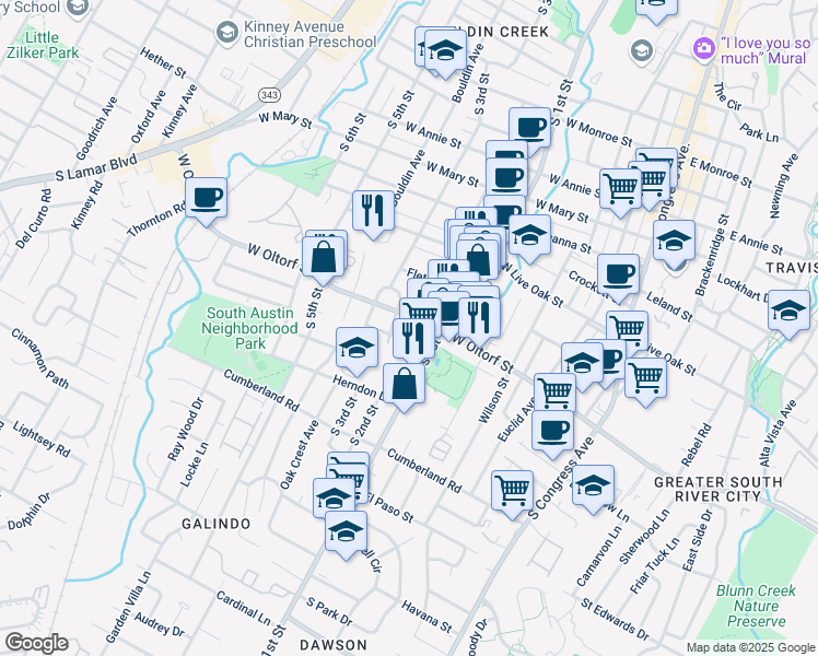 map of restaurants, bars, coffee shops, grocery stores, and more near 2408 South 2nd Street in Austin
