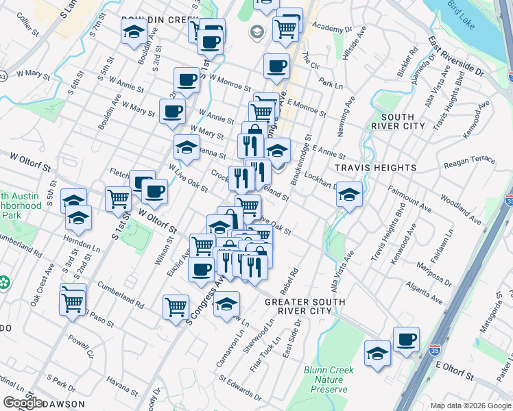 map of restaurants, bars, coffee shops, grocery stores, and more near 2201 College Avenue in Austin