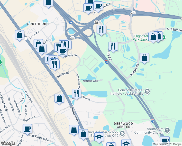 map of restaurants, bars, coffee shops, grocery stores, and more near 8216 White Falls Boulevard in Jacksonville