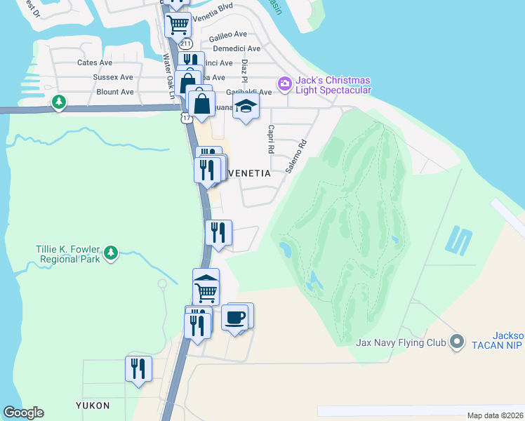 map of restaurants, bars, coffee shops, grocery stores, and more near 6017 Roosevelt Boulevard in Jacksonville