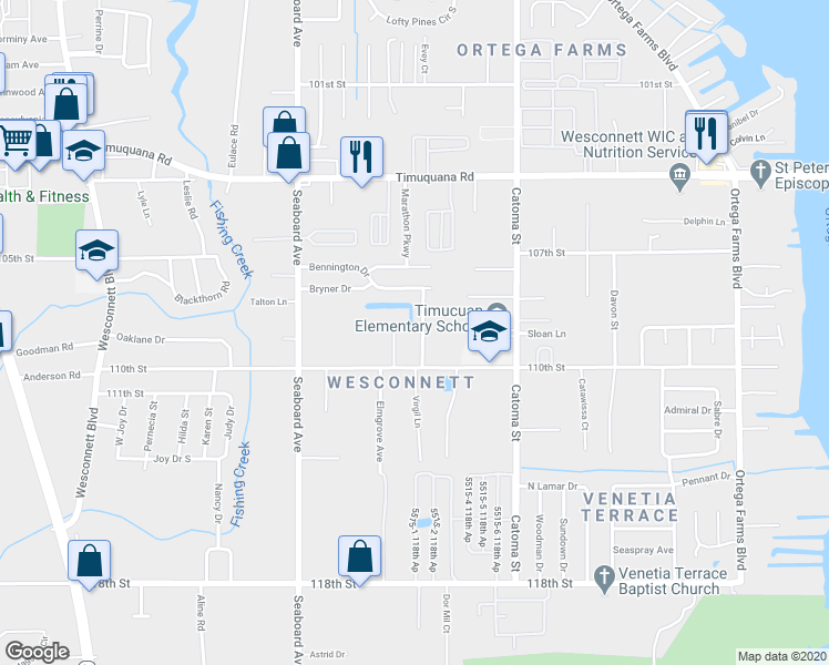 map of restaurants, bars, coffee shops, grocery stores, and more near 5990 Virgil Lane in Jacksonville