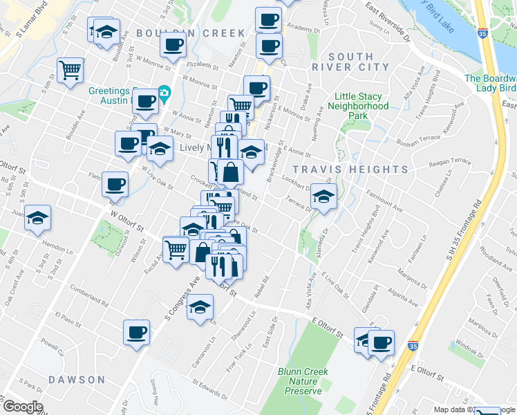 map of restaurants, bars, coffee shops, grocery stores, and more near 2118 Brackenridge Street in Austin