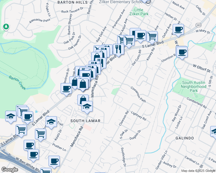 map of restaurants, bars, coffee shops, grocery stores, and more near 2000 Lightsey Road in Austin
