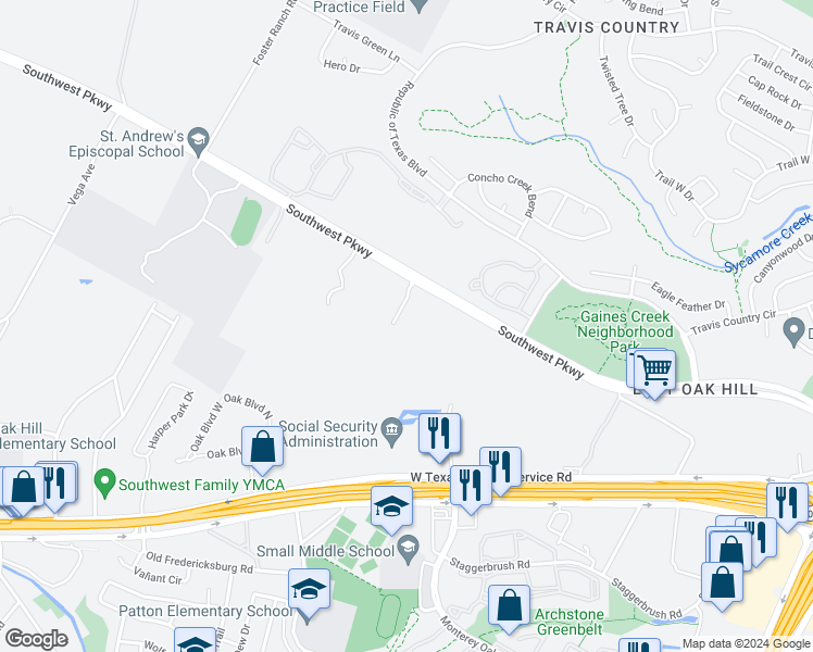 map of restaurants, bars, coffee shops, grocery stores, and more near 5301 Southwest Parkway in Austin