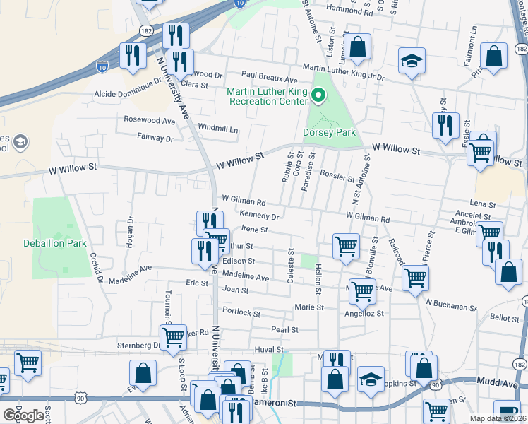 map of restaurants, bars, coffee shops, grocery stores, and more near 1139 Irene Street in Lafayette