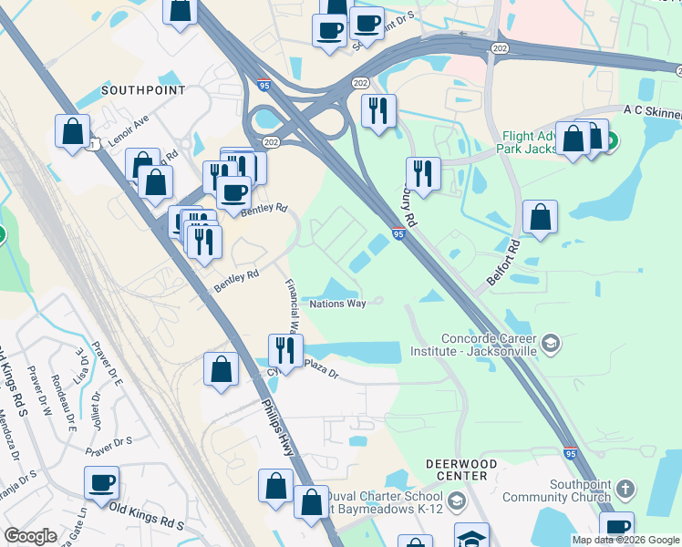 map of restaurants, bars, coffee shops, grocery stores, and more near 8216 White Falls Boulevard in Jacksonville