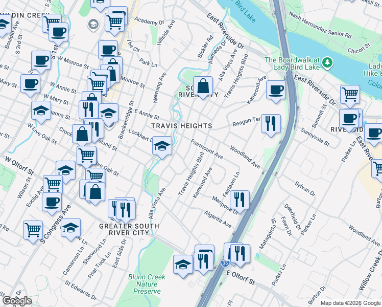 map of restaurants, bars, coffee shops, grocery stores, and more near 1811 Alta Vista Avenue in Austin