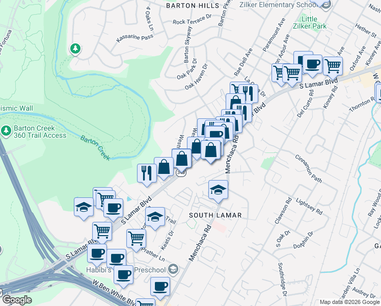 map of restaurants, bars, coffee shops, grocery stores, and more near 2305 Westoak Drive in Austin
