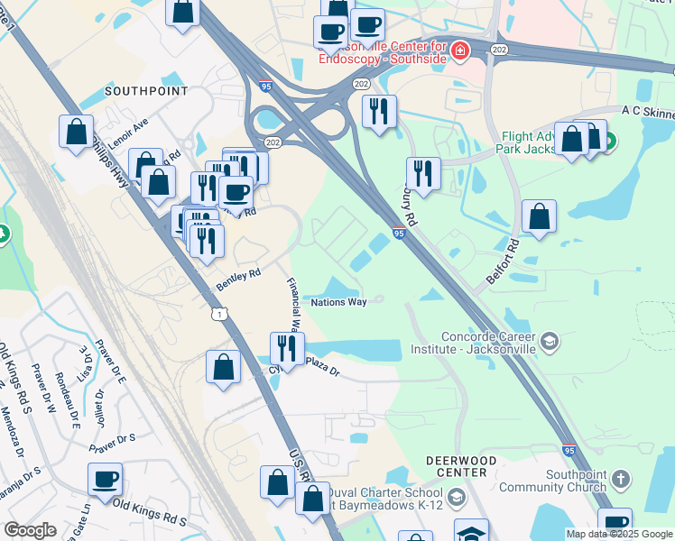 map of restaurants, bars, coffee shops, grocery stores, and more near 7067 Deer Lodge Circle in Jacksonville