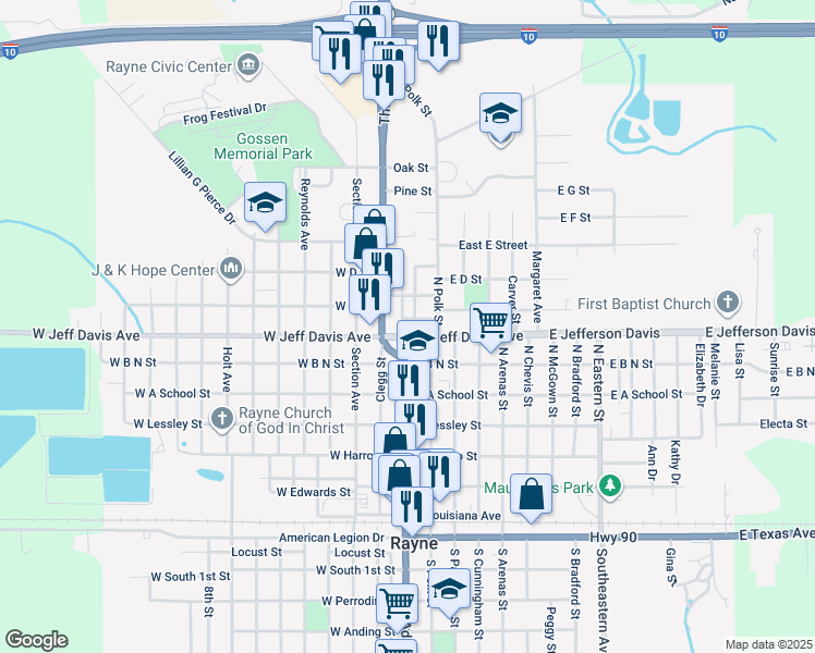 map of restaurants, bars, coffee shops, grocery stores, and more near 111 Louisa Street in Rayne