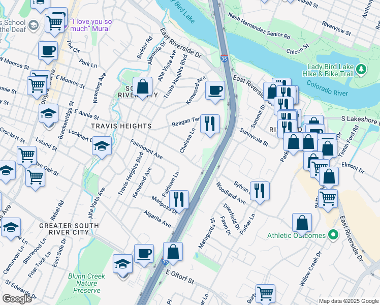 map of restaurants, bars, coffee shops, grocery stores, and more near 1523 Chelsea Lane in Austin