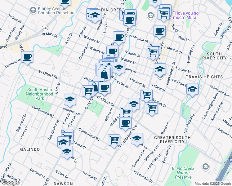 map of restaurants, bars, coffee shops, grocery stores, and more near 2300 Durwood Street in Austin