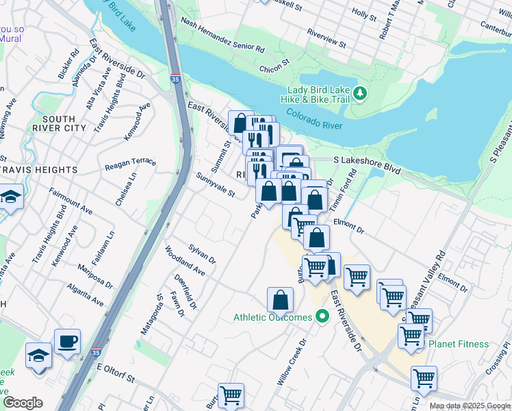 map of restaurants, bars, coffee shops, grocery stores, and more near 1302 Parker Lane in Austin