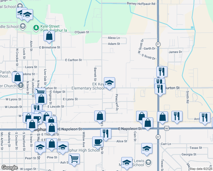 map of restaurants, bars, coffee shops, grocery stores, and more near 512-616 Lewis St in Sulphur