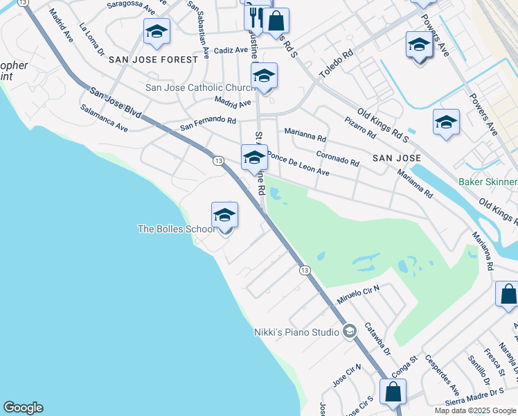 map of restaurants, bars, coffee shops, grocery stores, and more near Florida 13 in Jacksonville