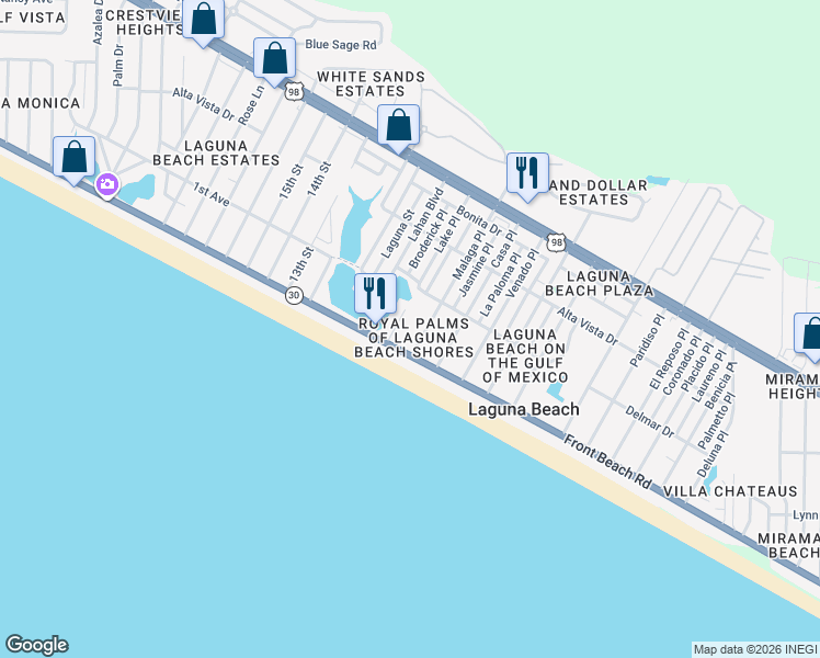 map of restaurants, bars, coffee shops, grocery stores, and more near 109 Lake Place in Panama City Beach