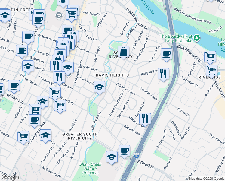 map of restaurants, bars, coffee shops, grocery stores, and more near 1810 Alta Vista Avenue in Austin