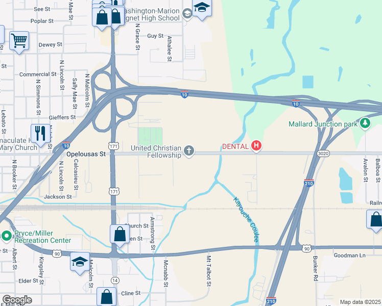 map of restaurants, bars, coffee shops, grocery stores, and more near 2903 Opelousas Street in Lake Charles