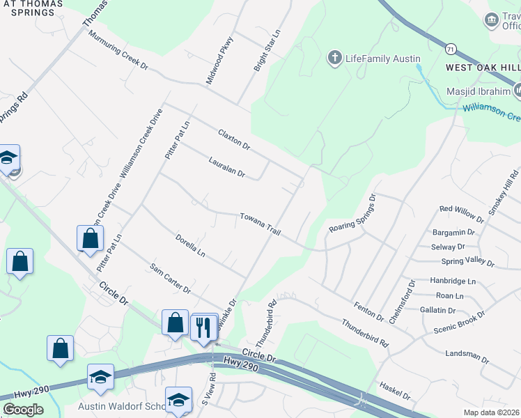 map of restaurants, bars, coffee shops, grocery stores, and more near 9207 Lauralan Drive in Austin