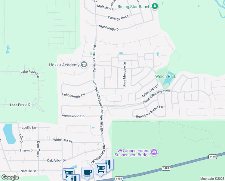map of restaurants, bars, coffee shops, grocery stores, and more near 135 Meadow Valley Drive in Conroe