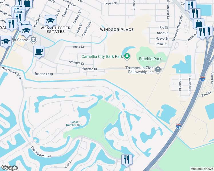 map of restaurants, bars, coffee shops, grocery stores, and more near 309 Cypress Lakes Drive in Slidell