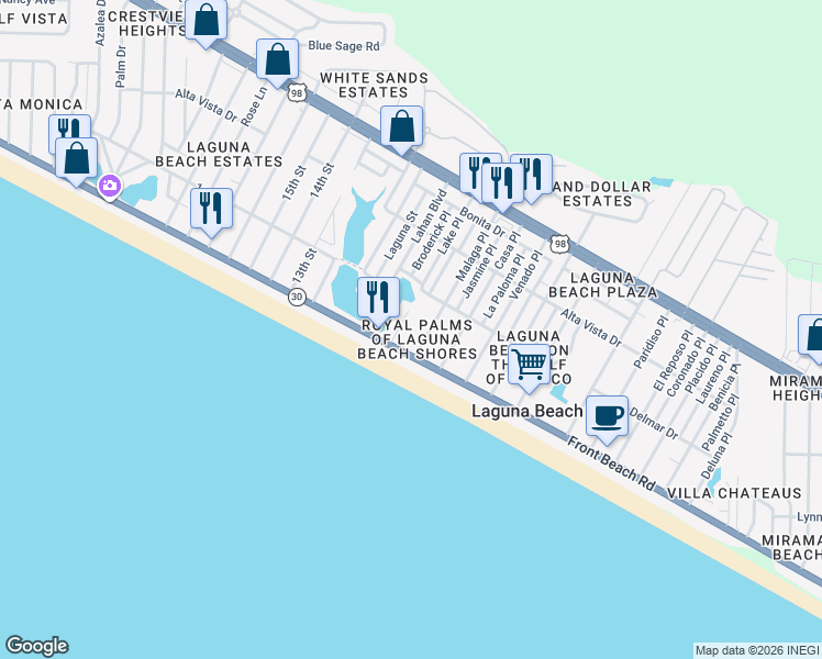 map of restaurants, bars, coffee shops, grocery stores, and more near 109 Lake Place in Panama City Beach