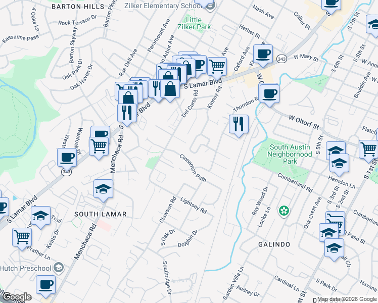 map of restaurants, bars, coffee shops, grocery stores, and more near 1803 Village Oak Court in Austin