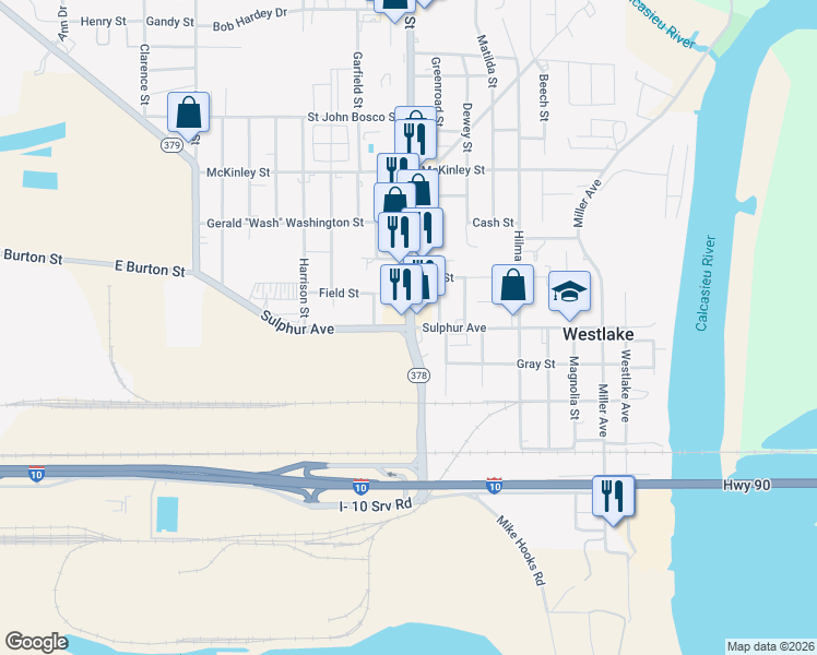 map of restaurants, bars, coffee shops, grocery stores, and more near Sulphur Avenue in Westlake